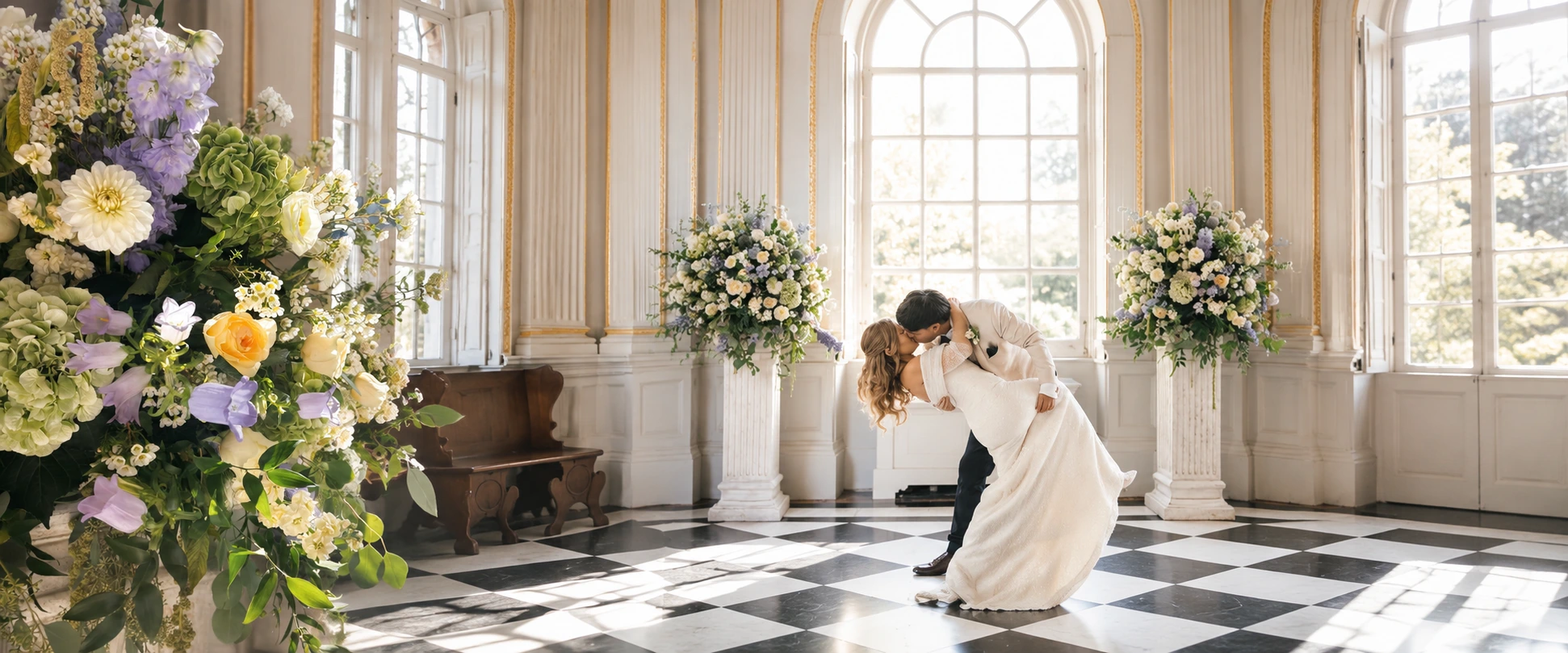 A wedding couple surrounded by pastel floral arrangements in a light-filled ceremony room